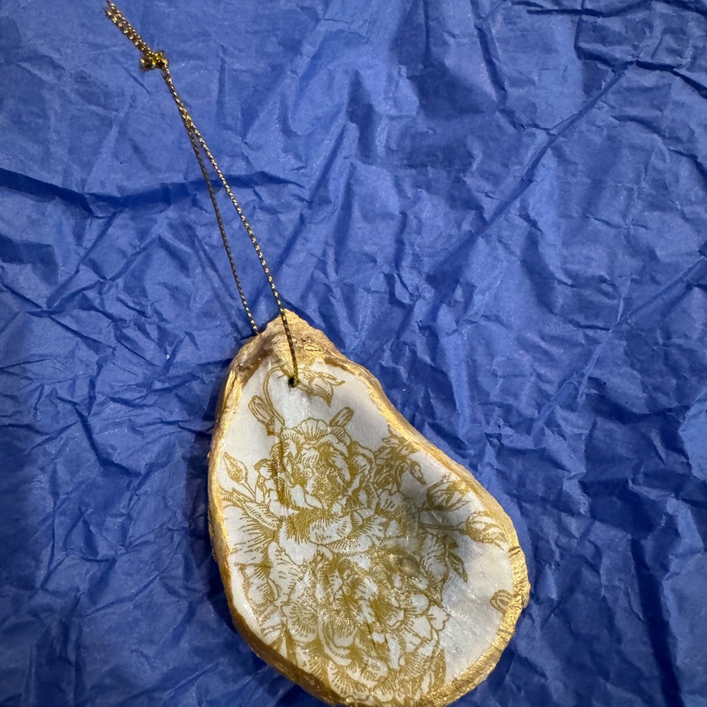 Handcrafted Oyster Shell Ornament with Gold Rose